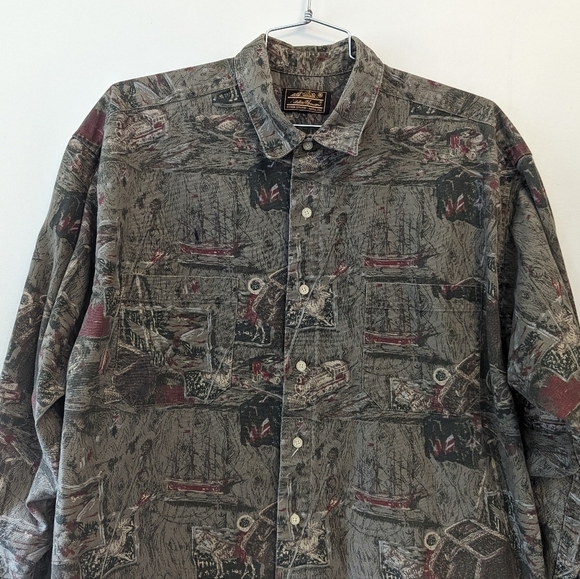 Vintage Eddie Bauer Canvas Hunter Western Pioneer Print Button Down Shirt - Picture 4 of 14